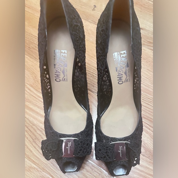 Salvatore Ferragamo Black Lace Peep-Toe Heels size 10